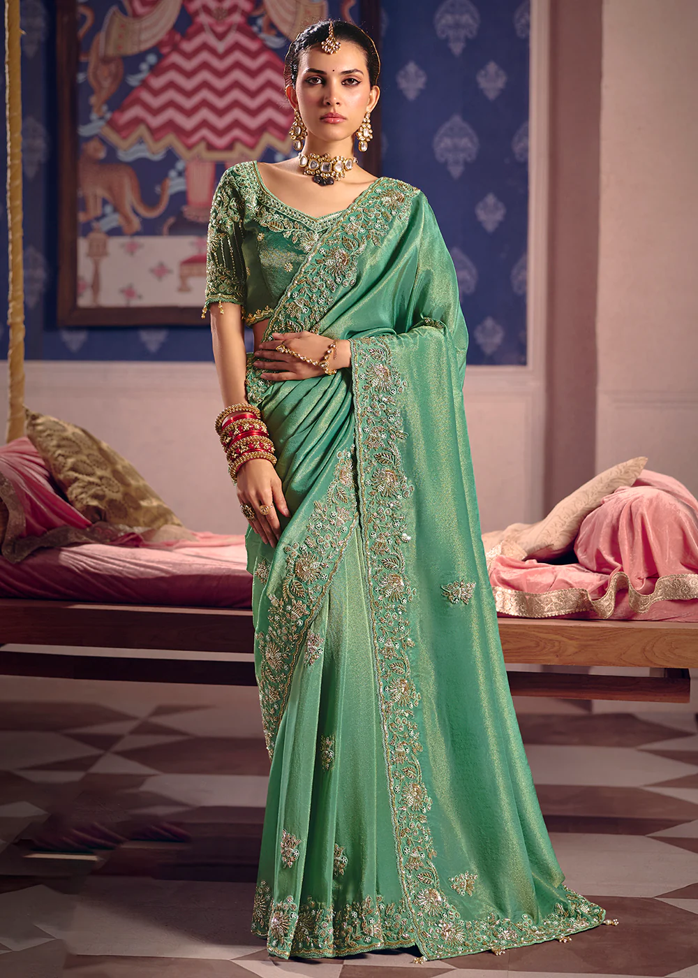 Green Premium Tissue Zari Embroidered Designer Saree