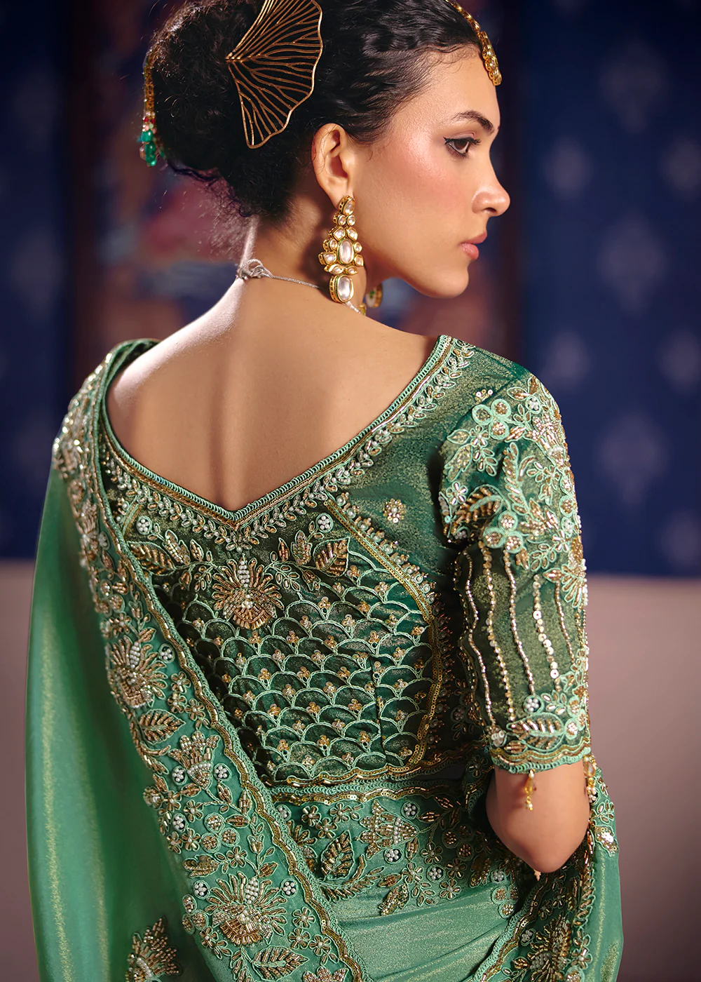 Green Premium Tissue Zari Embroidered Designer Saree - Image 3