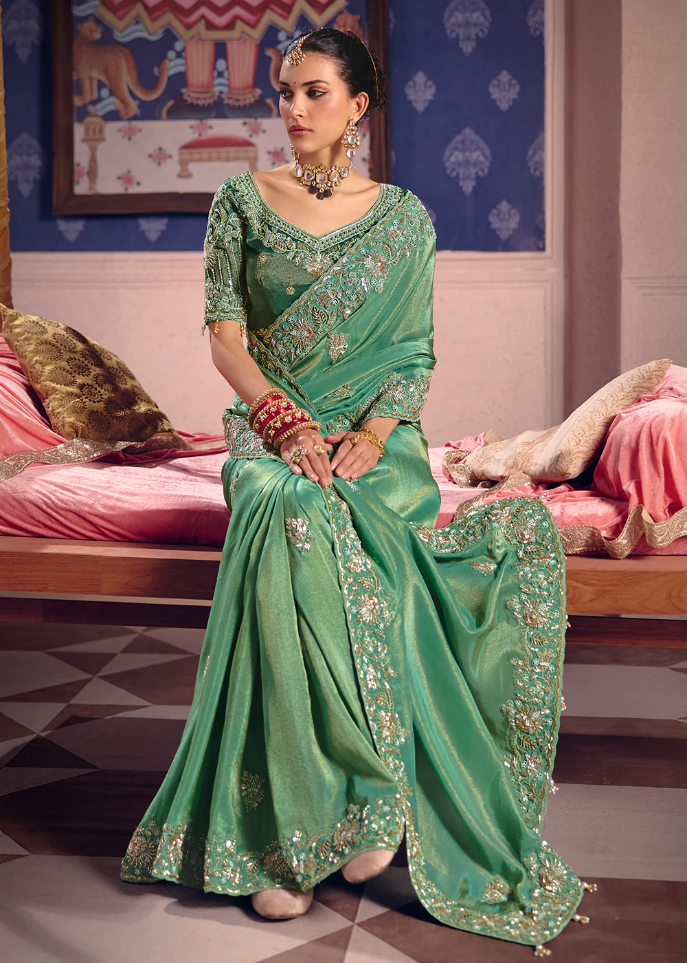 Green Premium Tissue Zari Embroidered Designer Saree - Image 4
