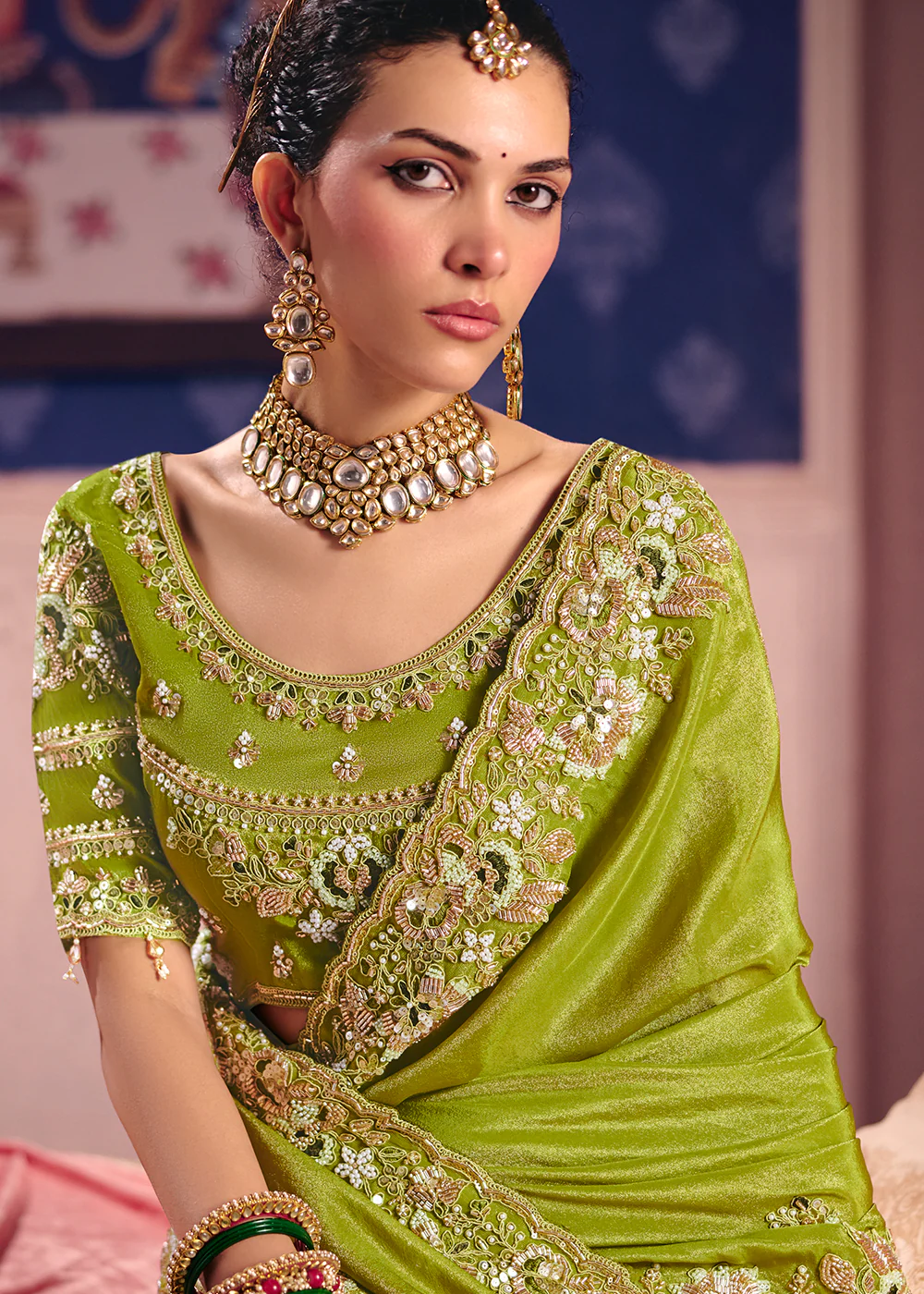 Green Premium Tissue Zari Embroidered Designer Saree - Image 2