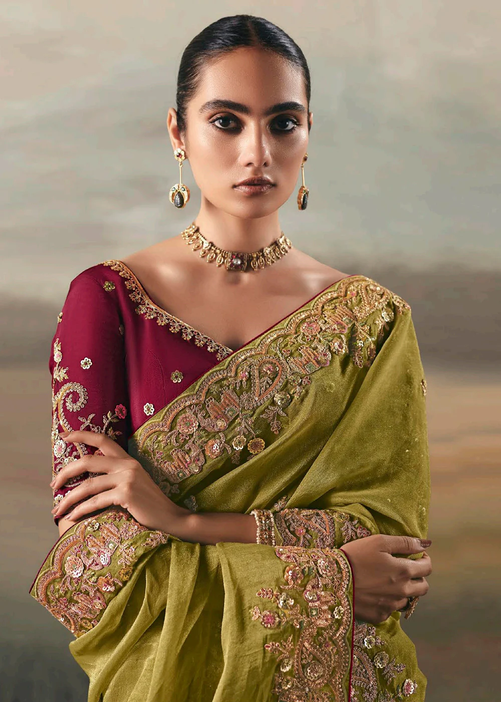 Green Premium Tissue Zari Fabric Designer Saree - Image 2