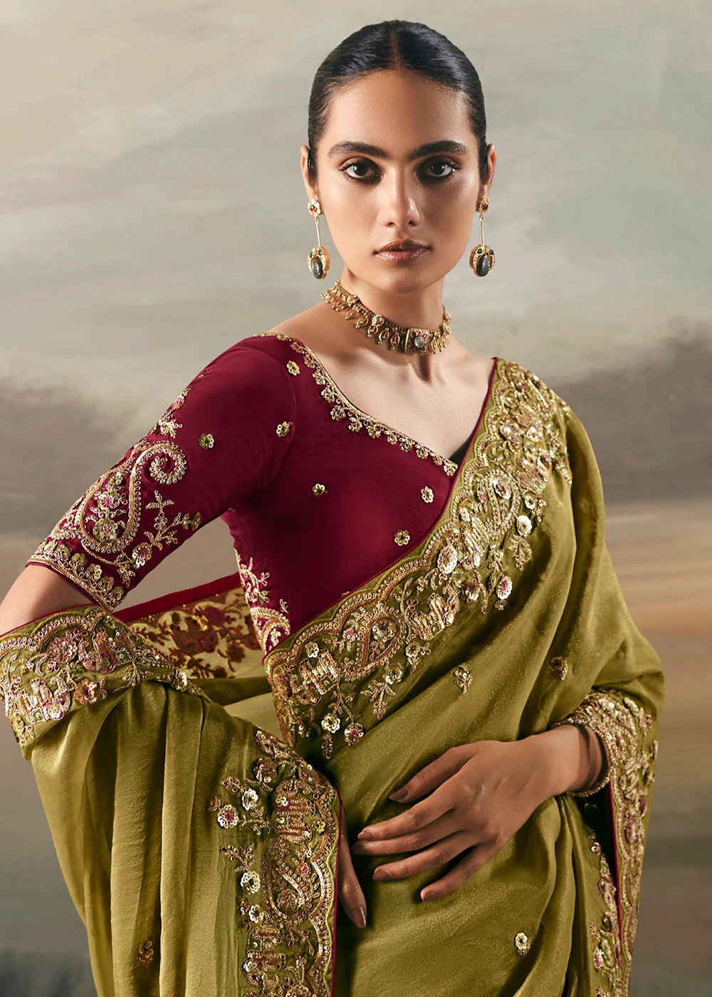Green Premium Tissue Zari Fabric Designer Saree - Image 4