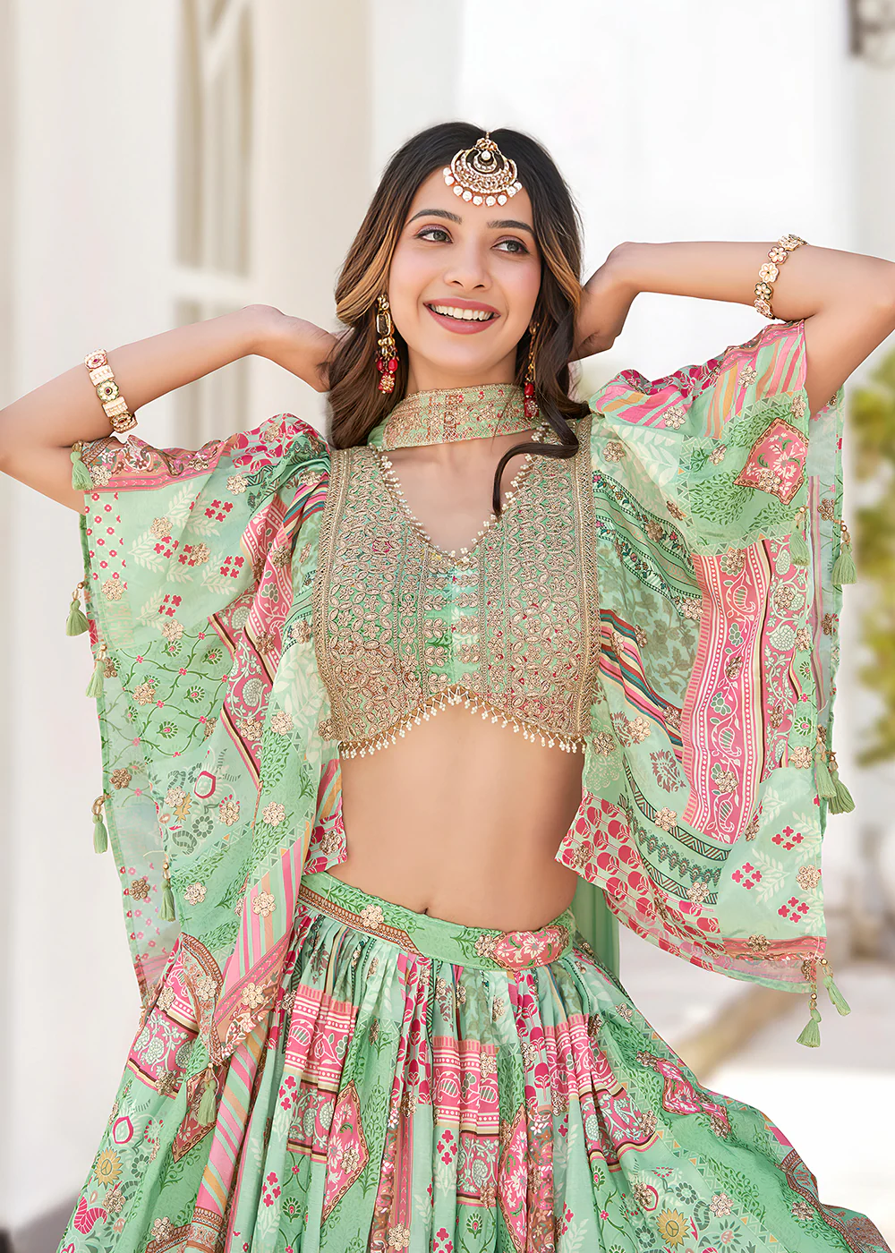 Green Printed & Zari Dori Embroidered Lehenga Choli - Image 2