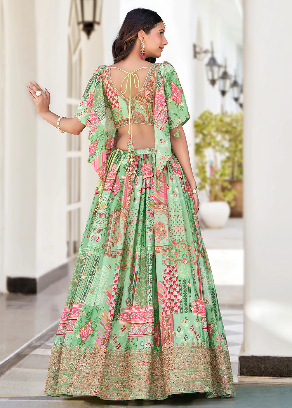 Green Printed & Zari Dori Embroidered Lehenga Choli - Image 3