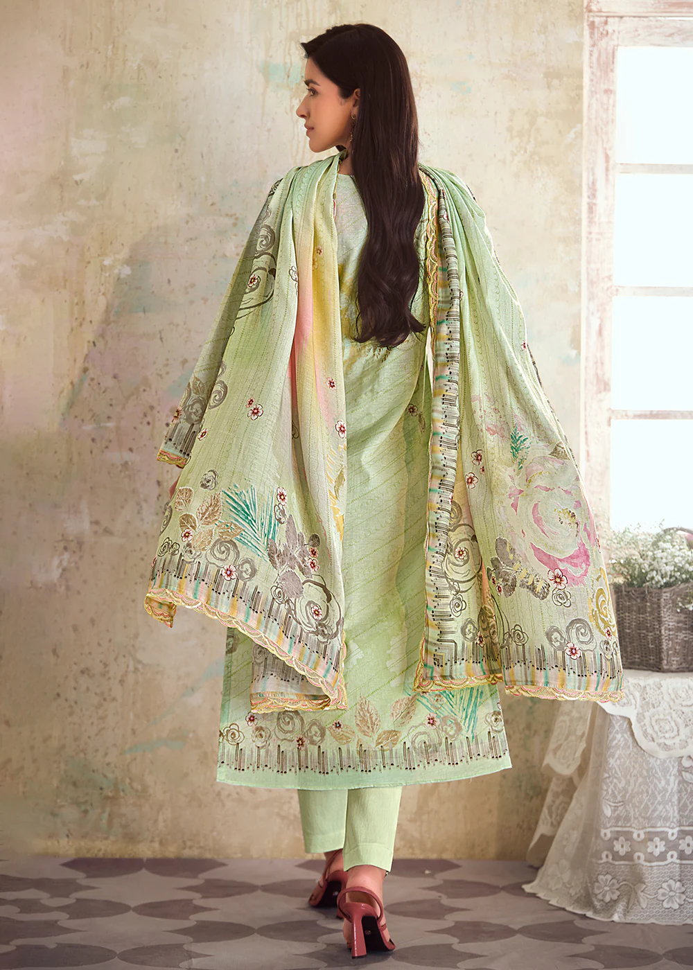 Green Pure Linen Printed & Embroidered Pant Style Suit - Image 3