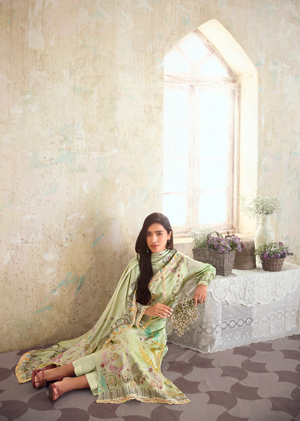 Green Pure Linen Printed & Embroidered Pant Style Suit - Image 4
