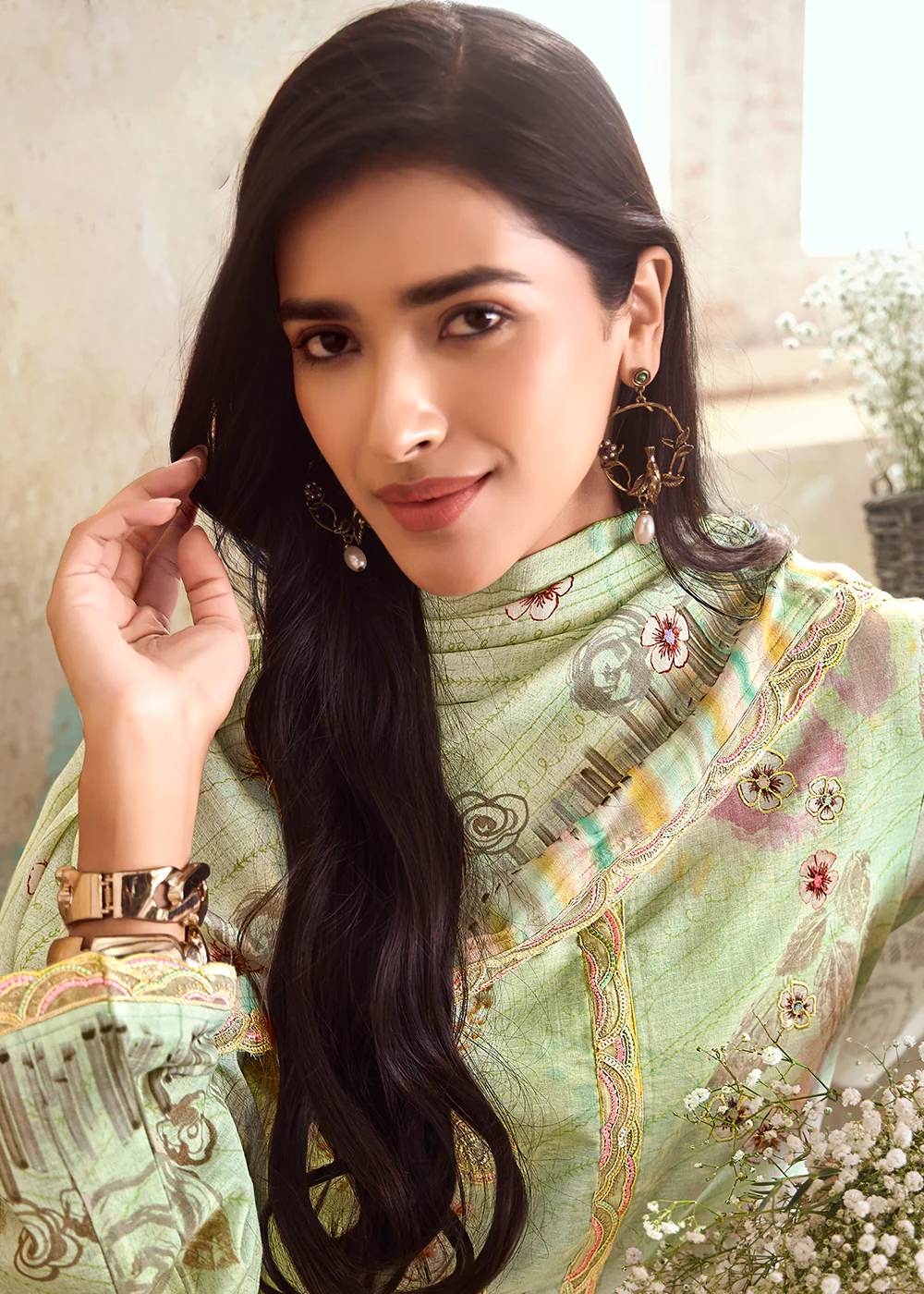 Green Pure Linen Printed & Embroidered Pant Style Suit - Image 5