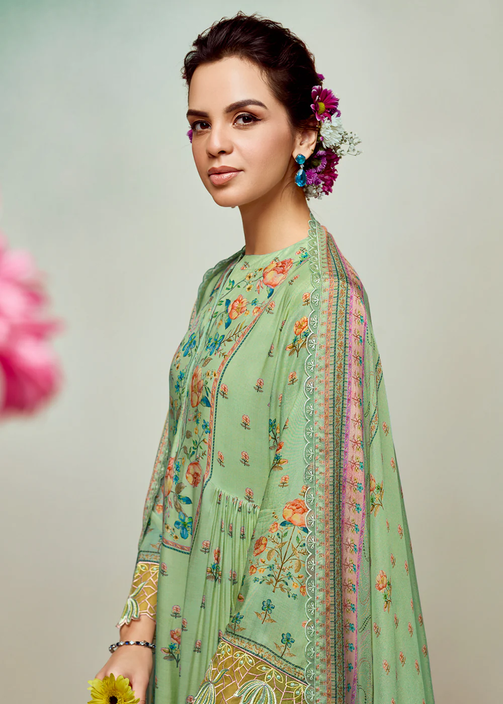 Green Pure Muslin Digital Printed Salwar Suit - Image 2