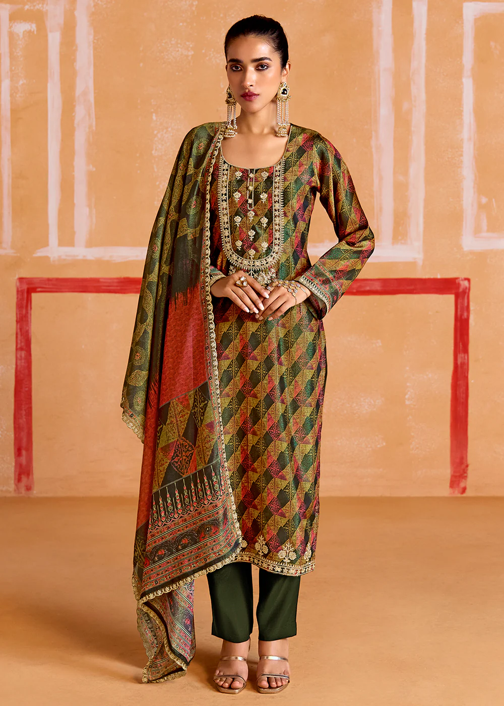 Green Pure Muslin Embroidered Pakistani Style Suit