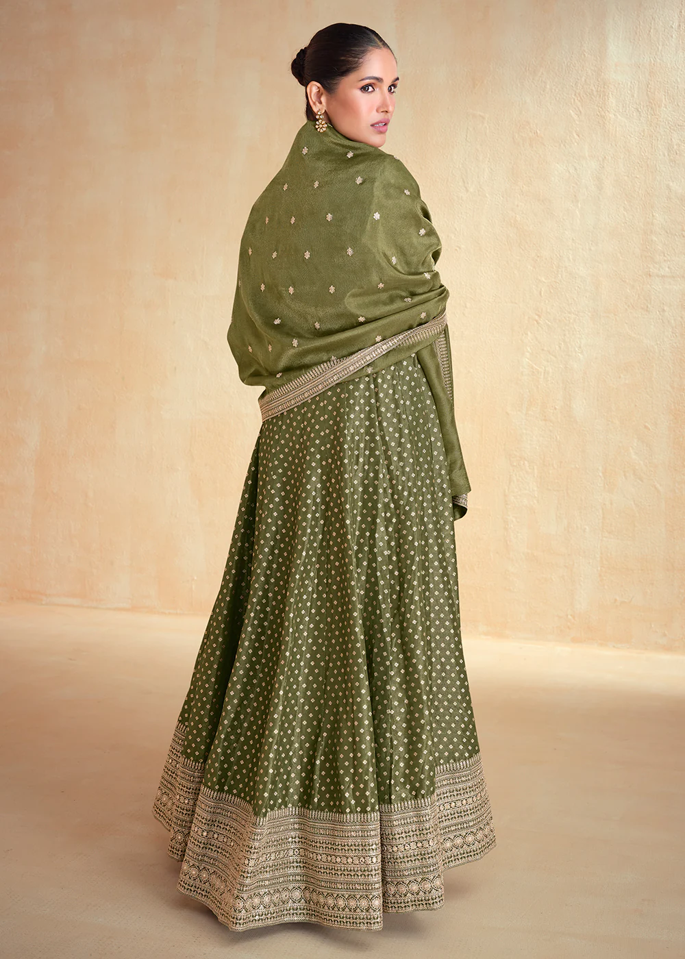 Green Pure Organza Jacquard Silk Festive Anarkali Gown - Image 3