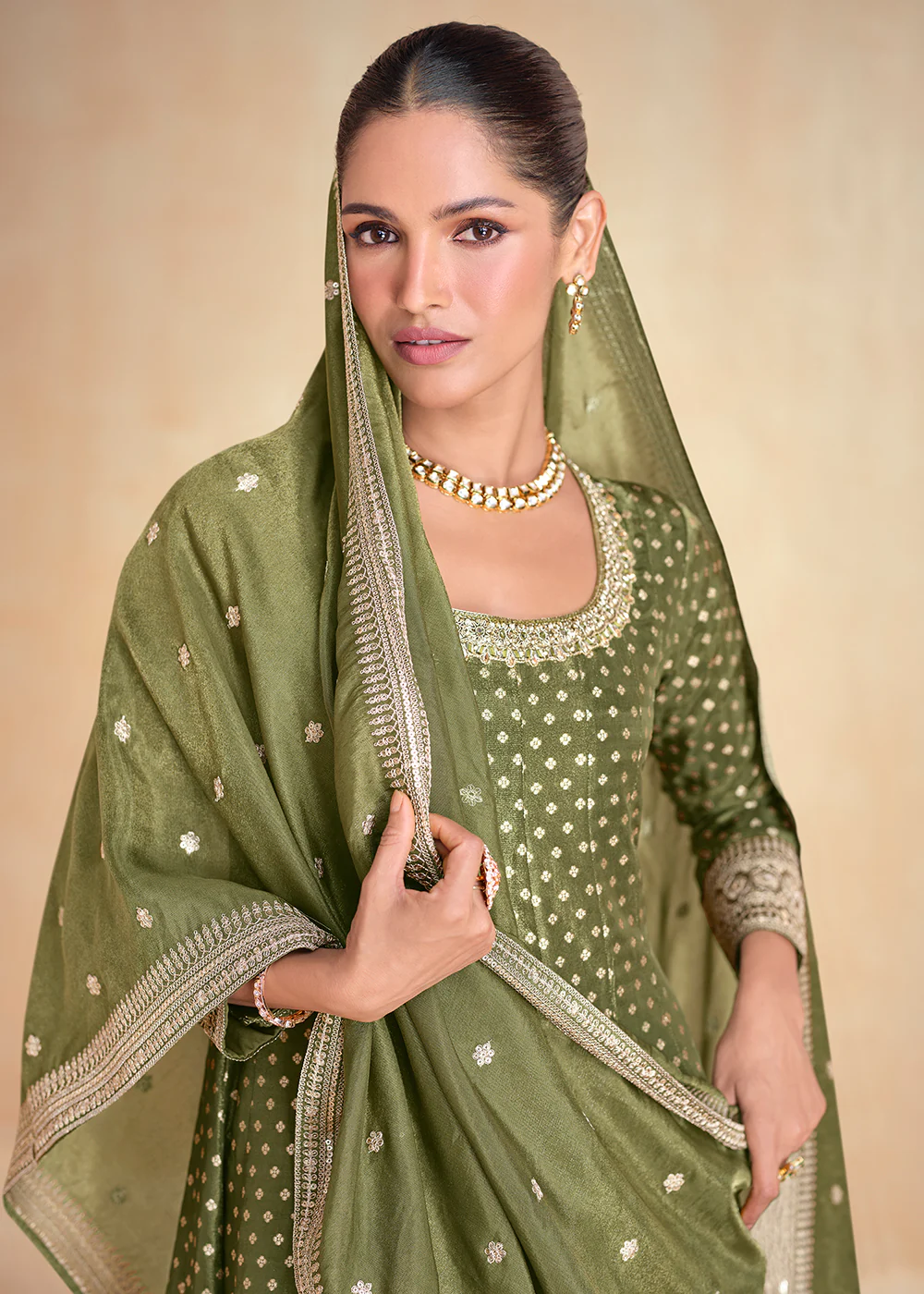 Green Pure Organza Jacquard Silk Festive Anarkali Gown - Image 4