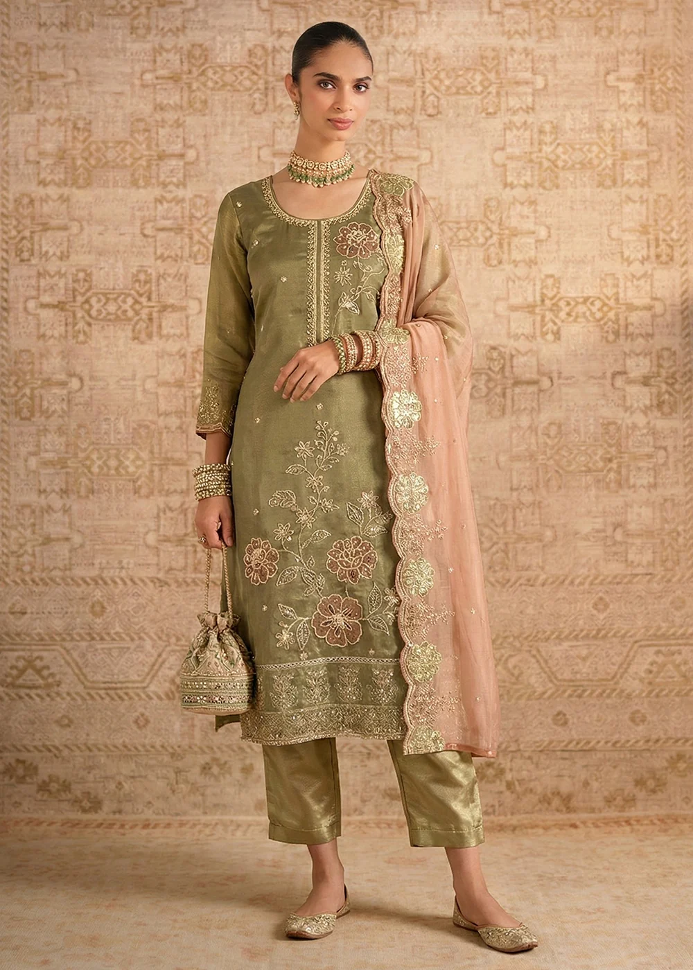 Green Pure Shimmer Silk Designer Salwar Kurta Set