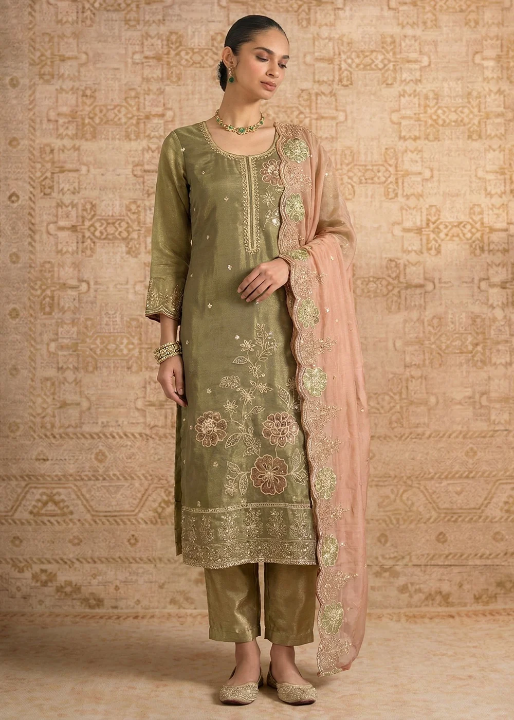 Green Pure Shimmer Silk Designer Salwar Kurta Set - Image 2
