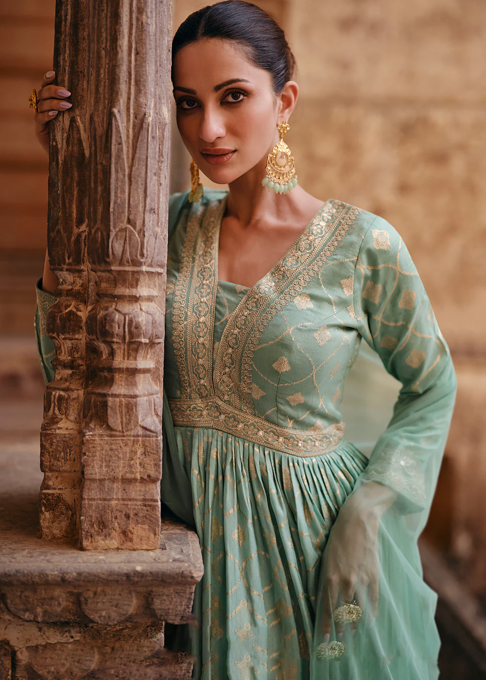 Green Pure Viscose Jacquard Silk Embroidered Designer Anarkali Suit - Image 2