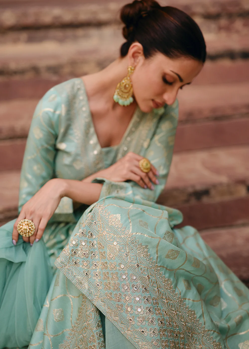 Green Pure Viscose Jacquard Silk Embroidered Designer Anarkali Suit - Image 6