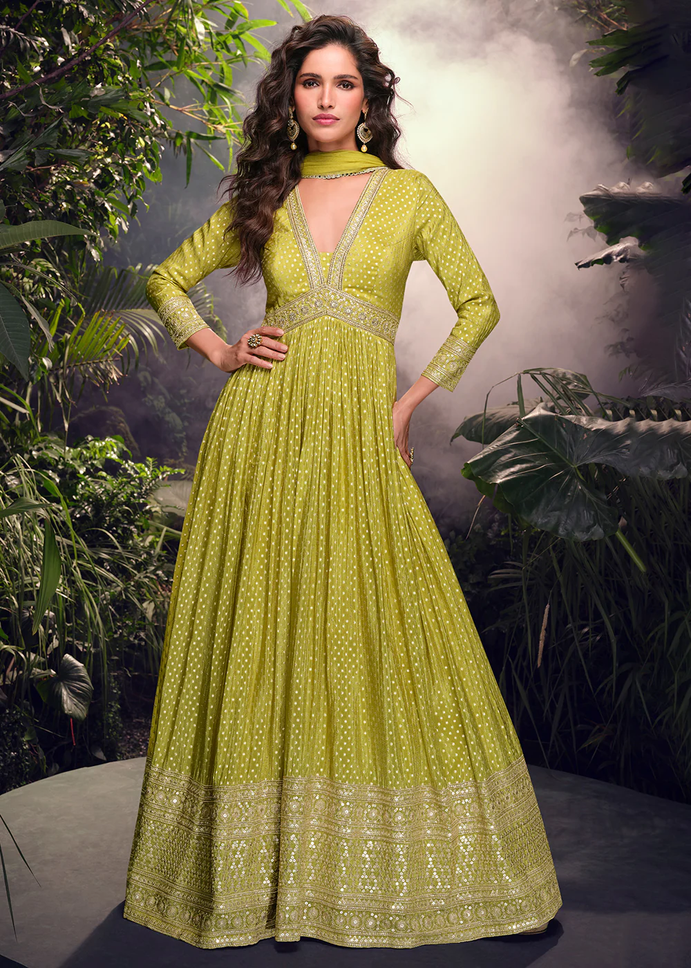Green Pure Viscose Jaquard Embroidered Silk Anarkali Gown