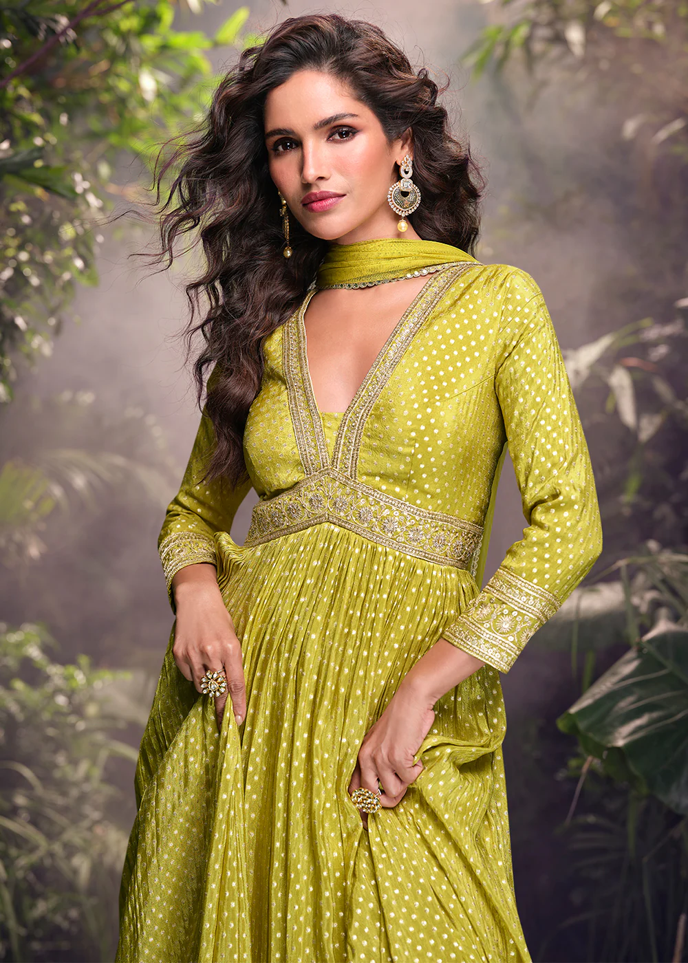 Green Pure Viscose Jaquard Embroidered Silk Anarkali Gown - Image 5