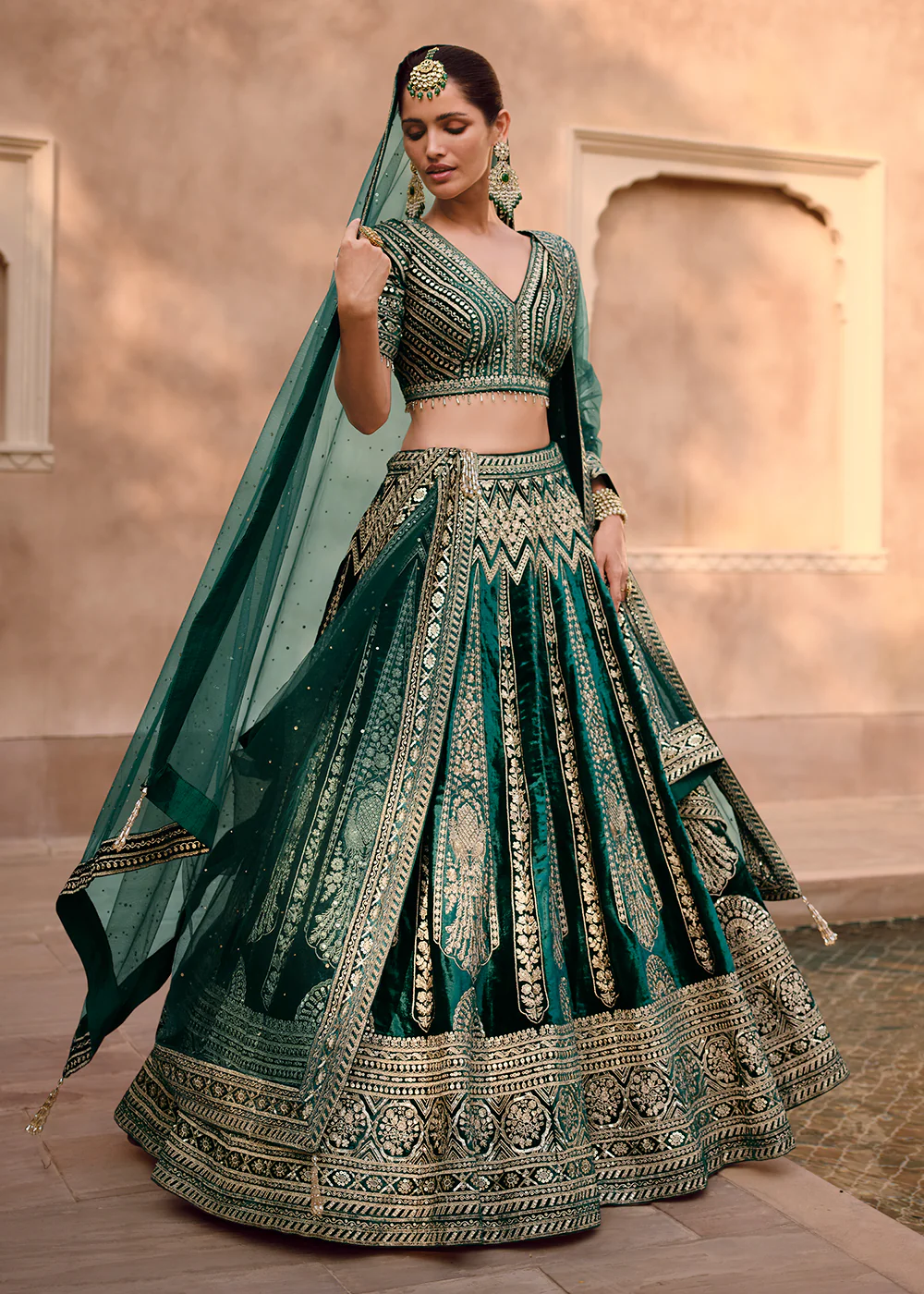 Green Pure Viscose Lycra Silk Embroidered Bridal Lehenga Choli - Image 7