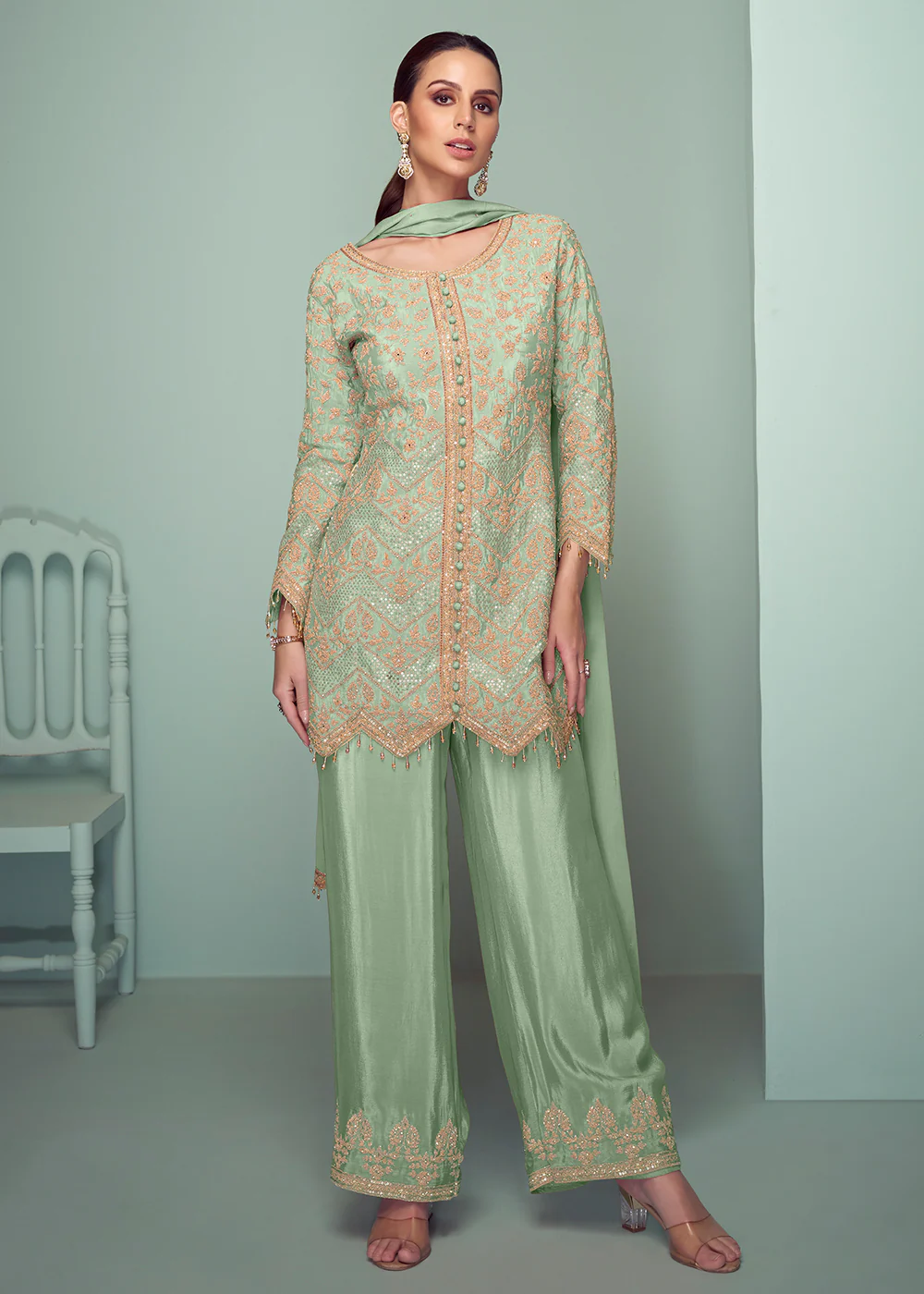 Green Real Chinnon Embroidered Designer Palazzo Suit