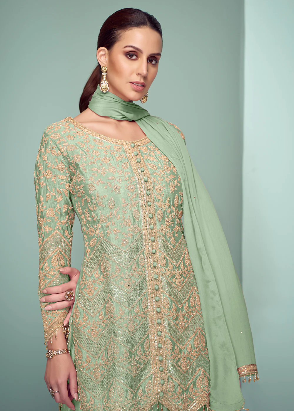 Green Real Chinnon Embroidered Designer Palazzo Suit - Image 2