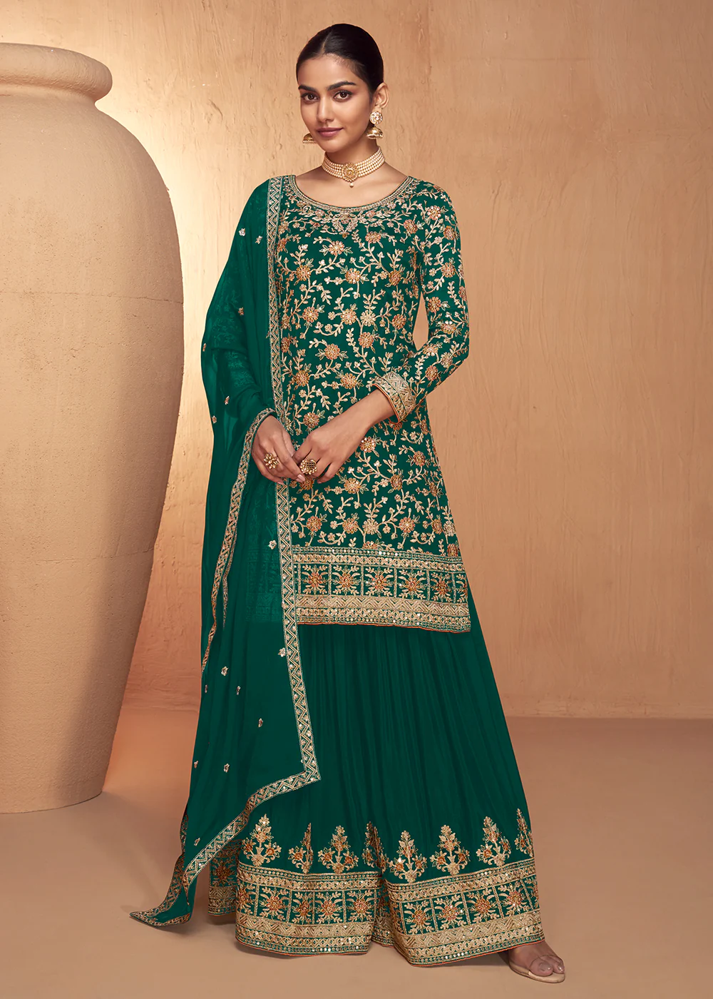 Green Real Chinnon Embroidered Wedding Festive Palazzo Suit