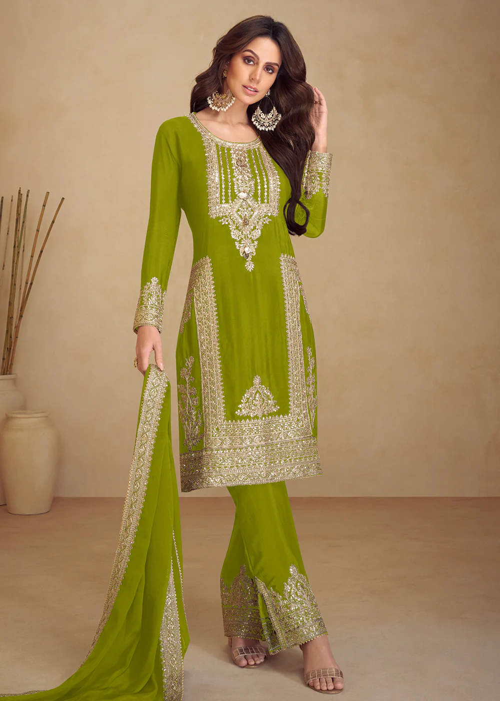 Green Real Chinnon Silk Pant Style Festive Dress