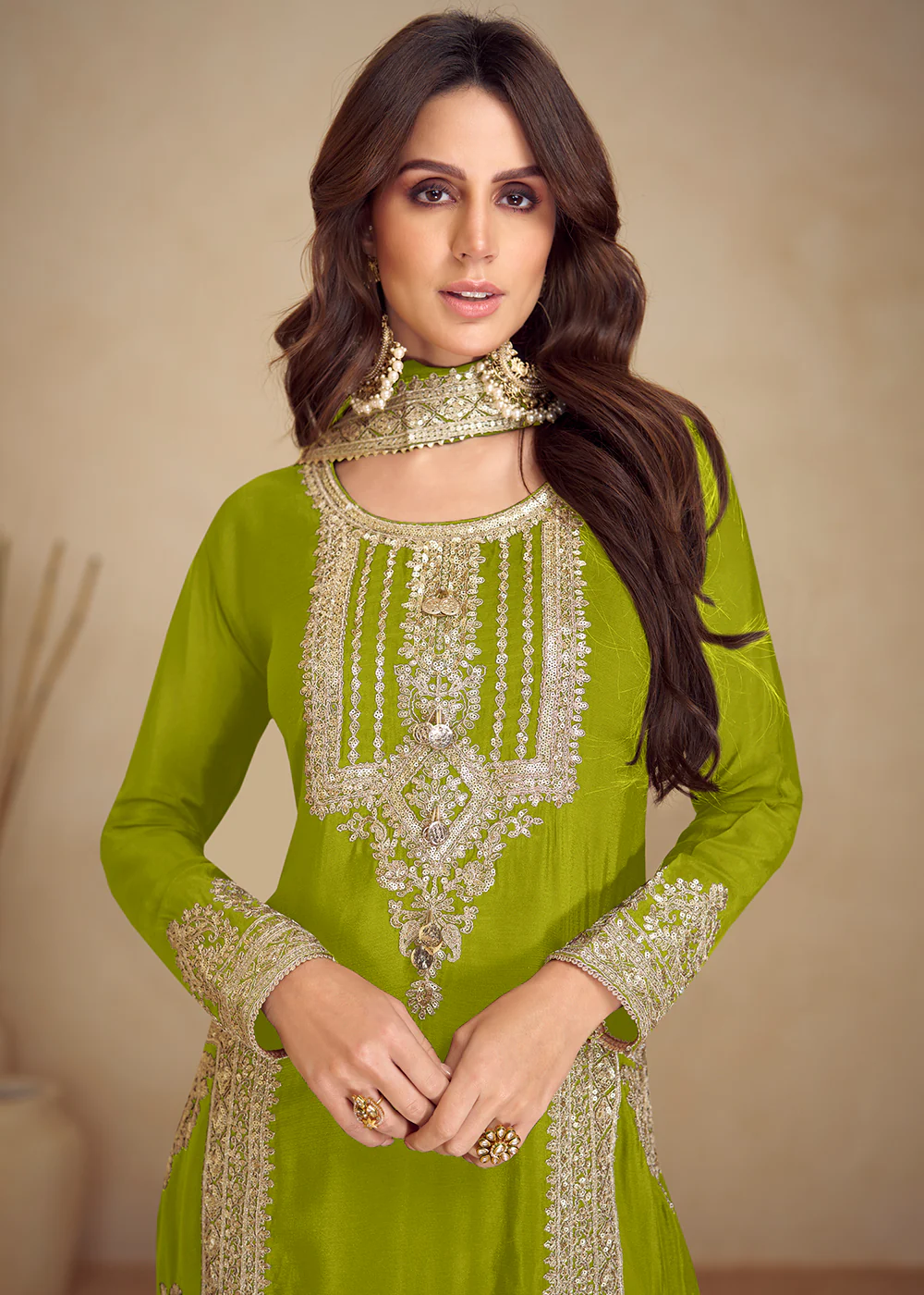Green Real Chinnon Silk Pant Style Festive Dress - Image 2