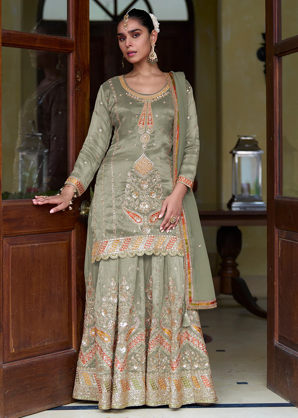 Green Real Shimmer Silk Festive Skirt Style Suit