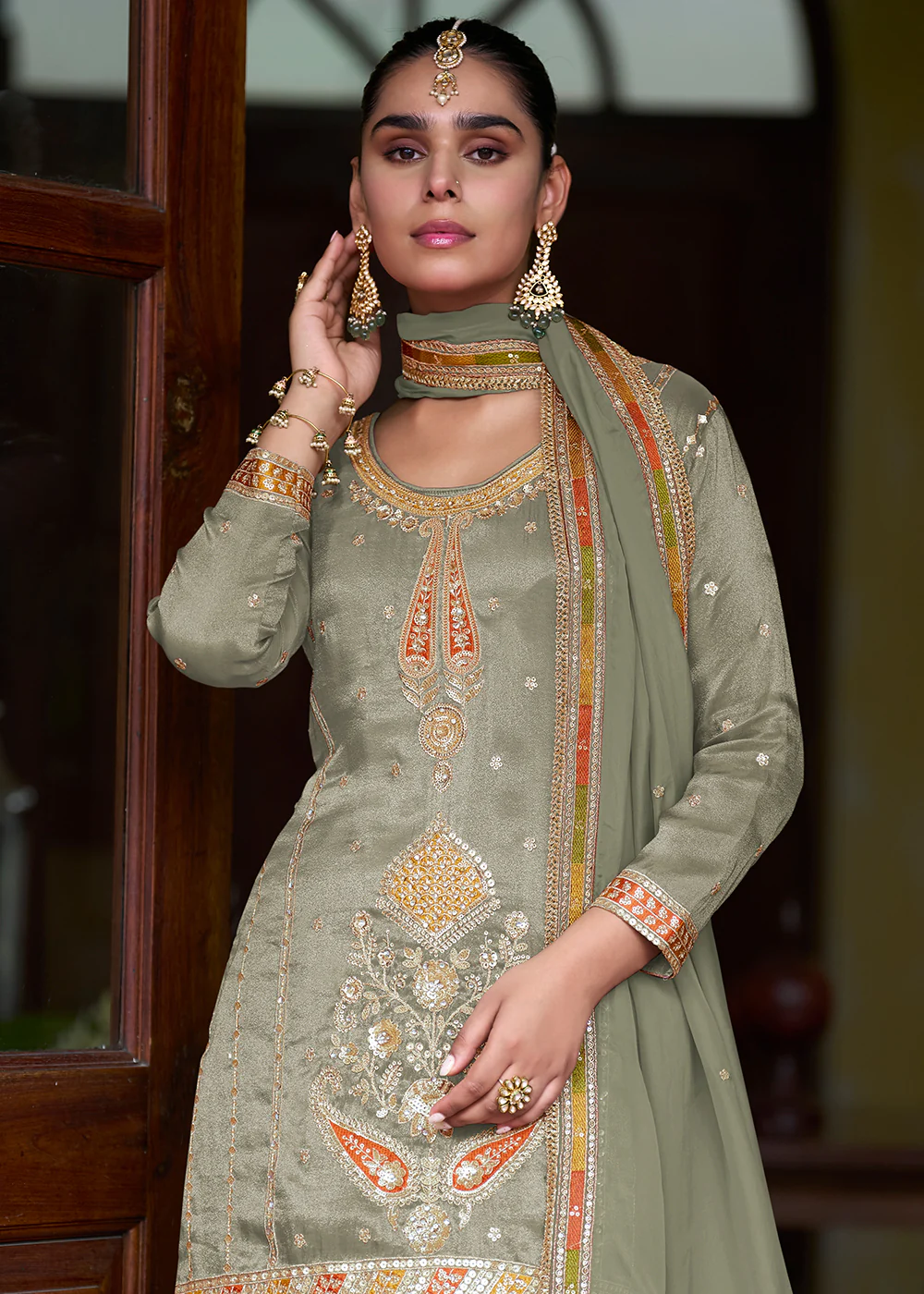 Green Real Shimmer Silk Festive Skirt Style Suit - Image 2