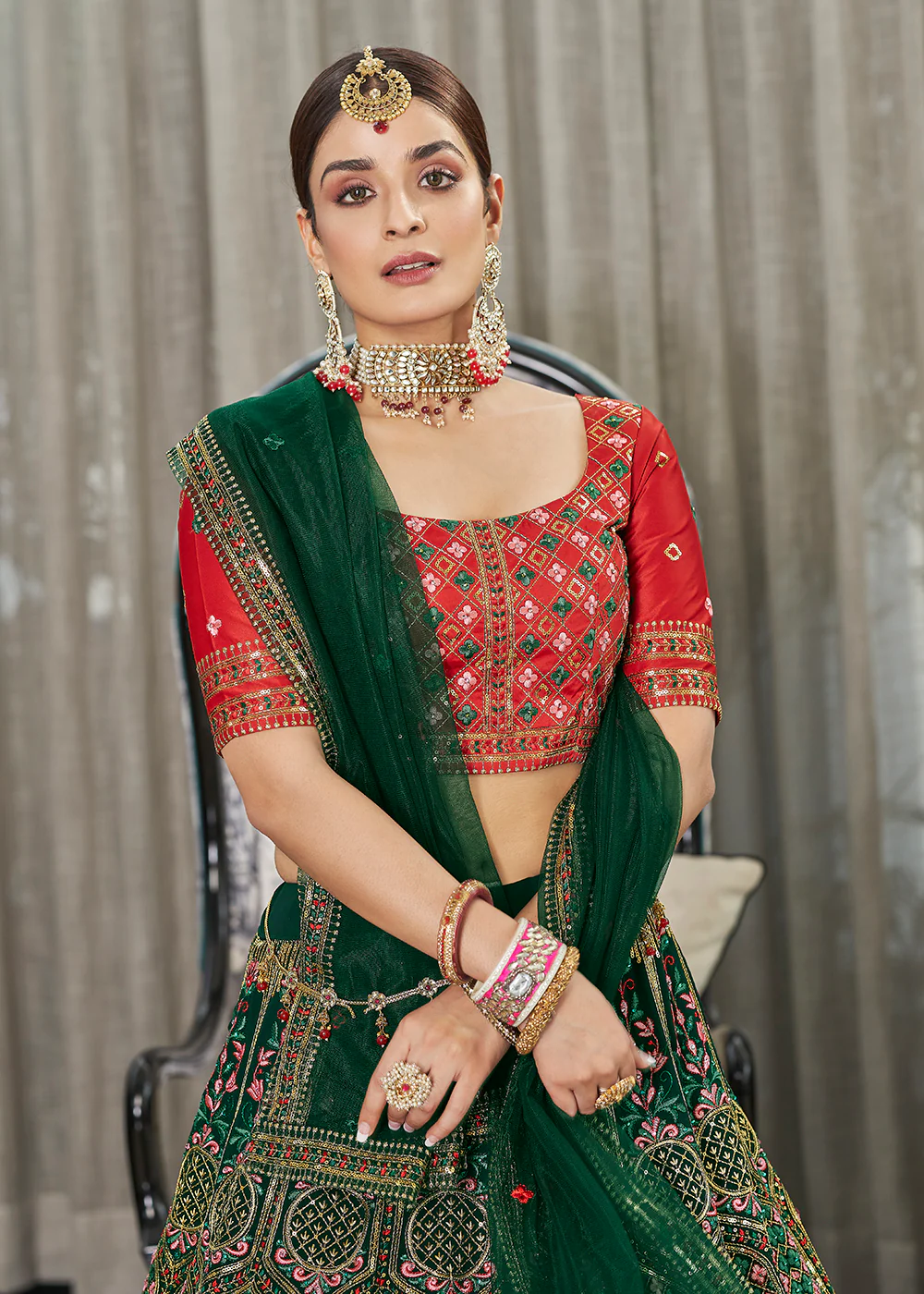 Green & Red Multi Sequins & Thread Wedding A Line Lehenga - Image 2