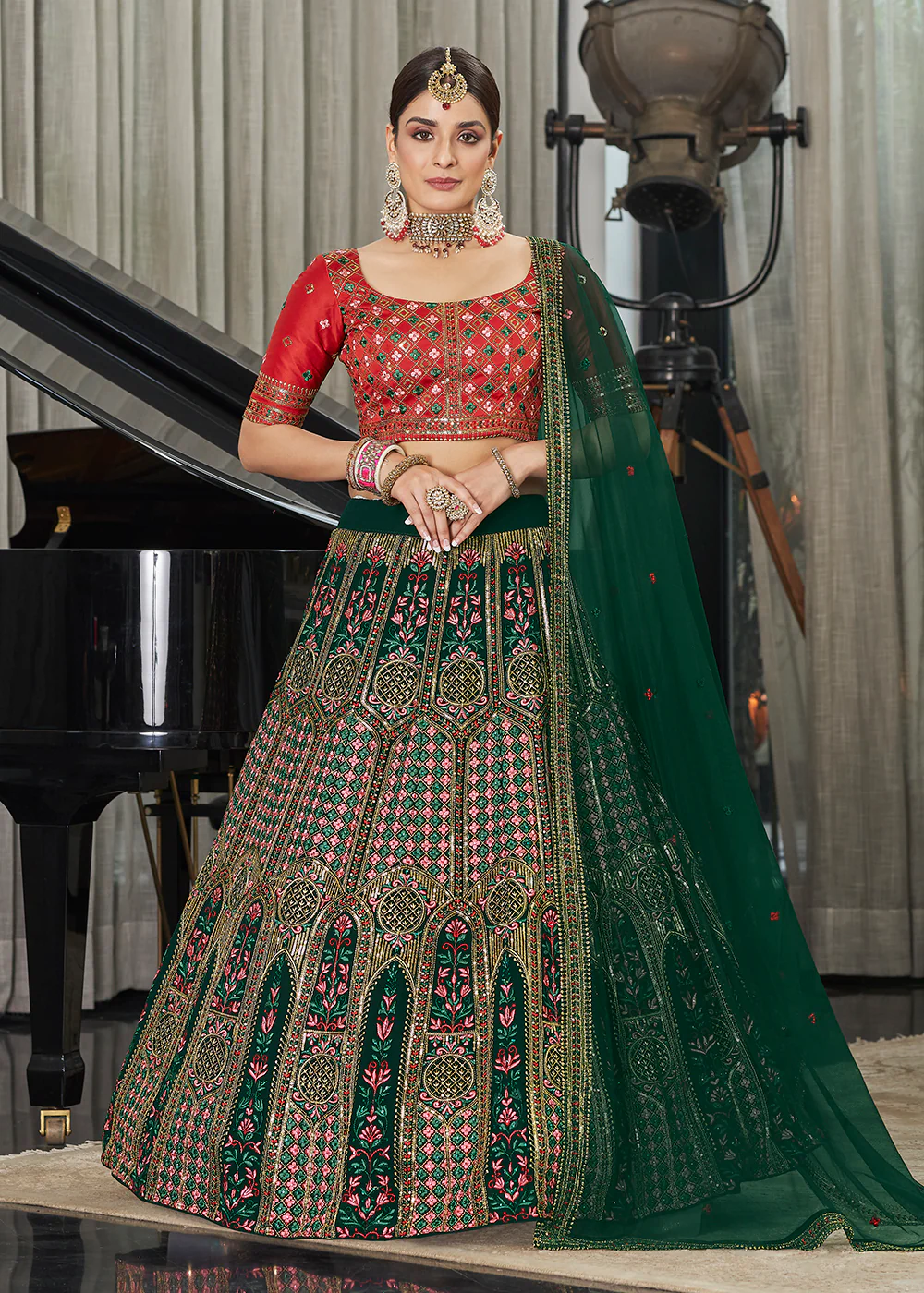 Green & Red Multi Sequins & Thread Wedding A Line Lehenga - Image 3