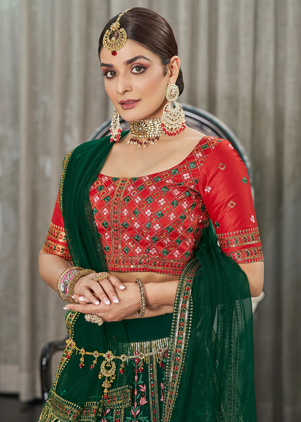 Green & Red Multi Sequins & Thread Wedding A Line Lehenga - Image 4