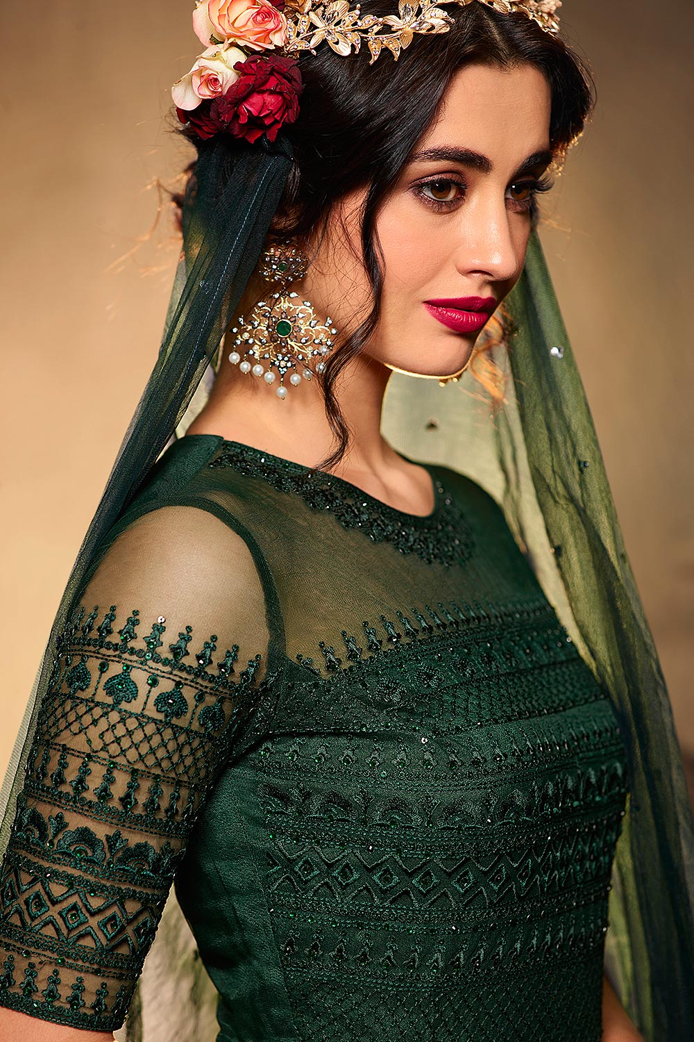 Bottle Green Resham Embroidered Net Anarkali Suit - Image 2