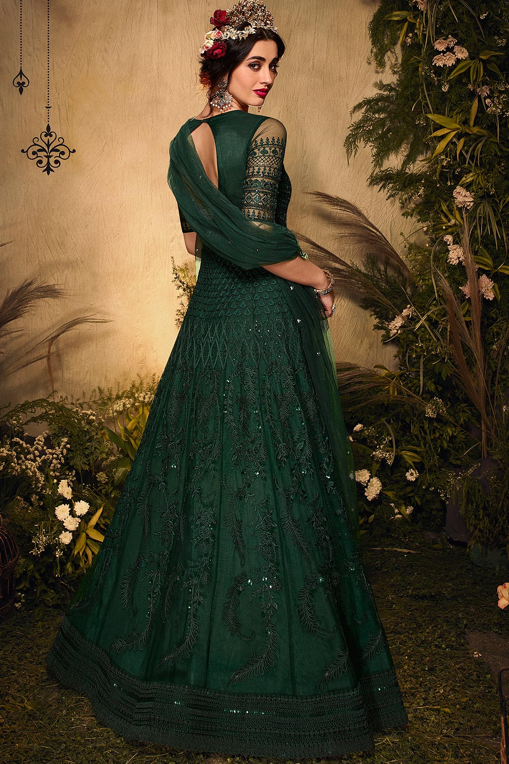 Bottle Green Resham Embroidered Net Anarkali Suit - Image 3