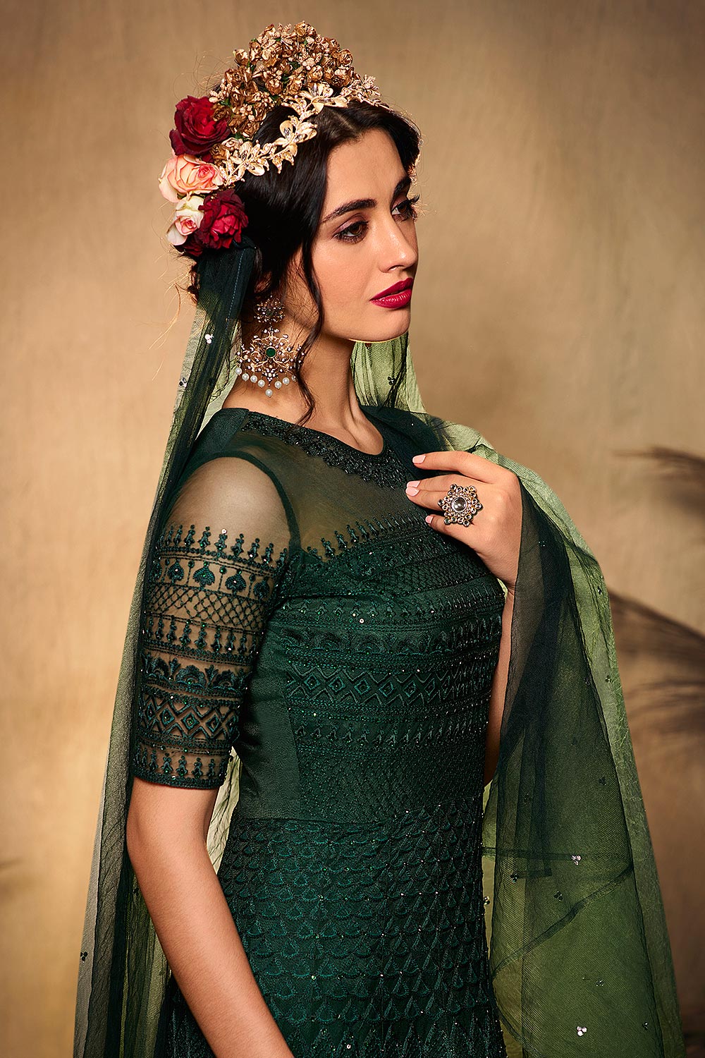 Bottle Green Resham Embroidered Net Anarkali Suit - Image 4