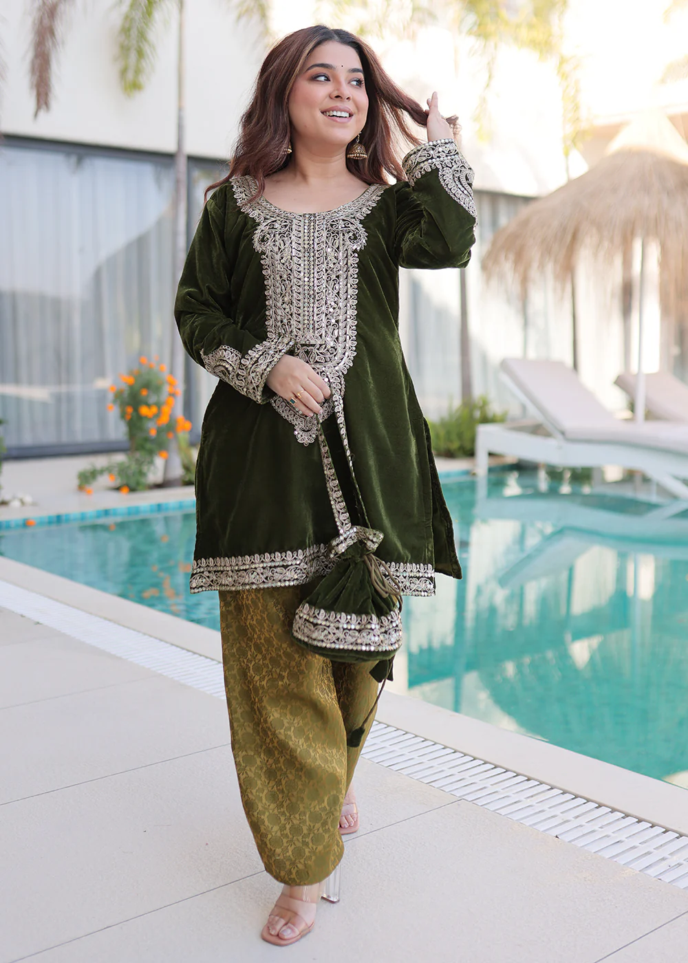 Green Rich Zari Cording Embroidery Festive Salwar Suit - Image 5