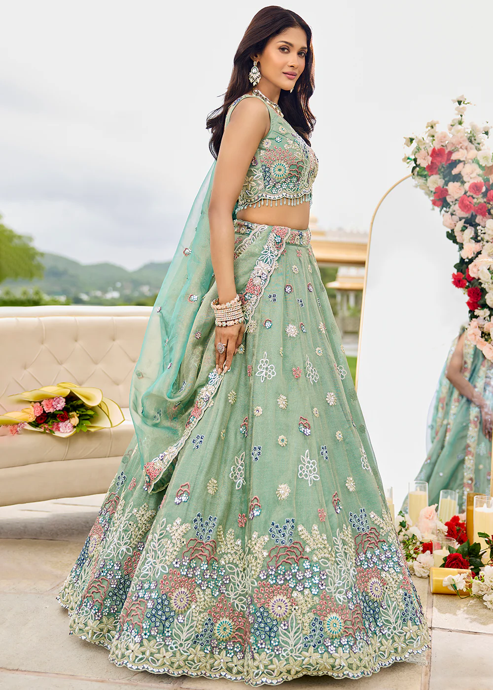 Green Satin Silk Cording & Sequins Wedding Lehenga Choli - Image 5