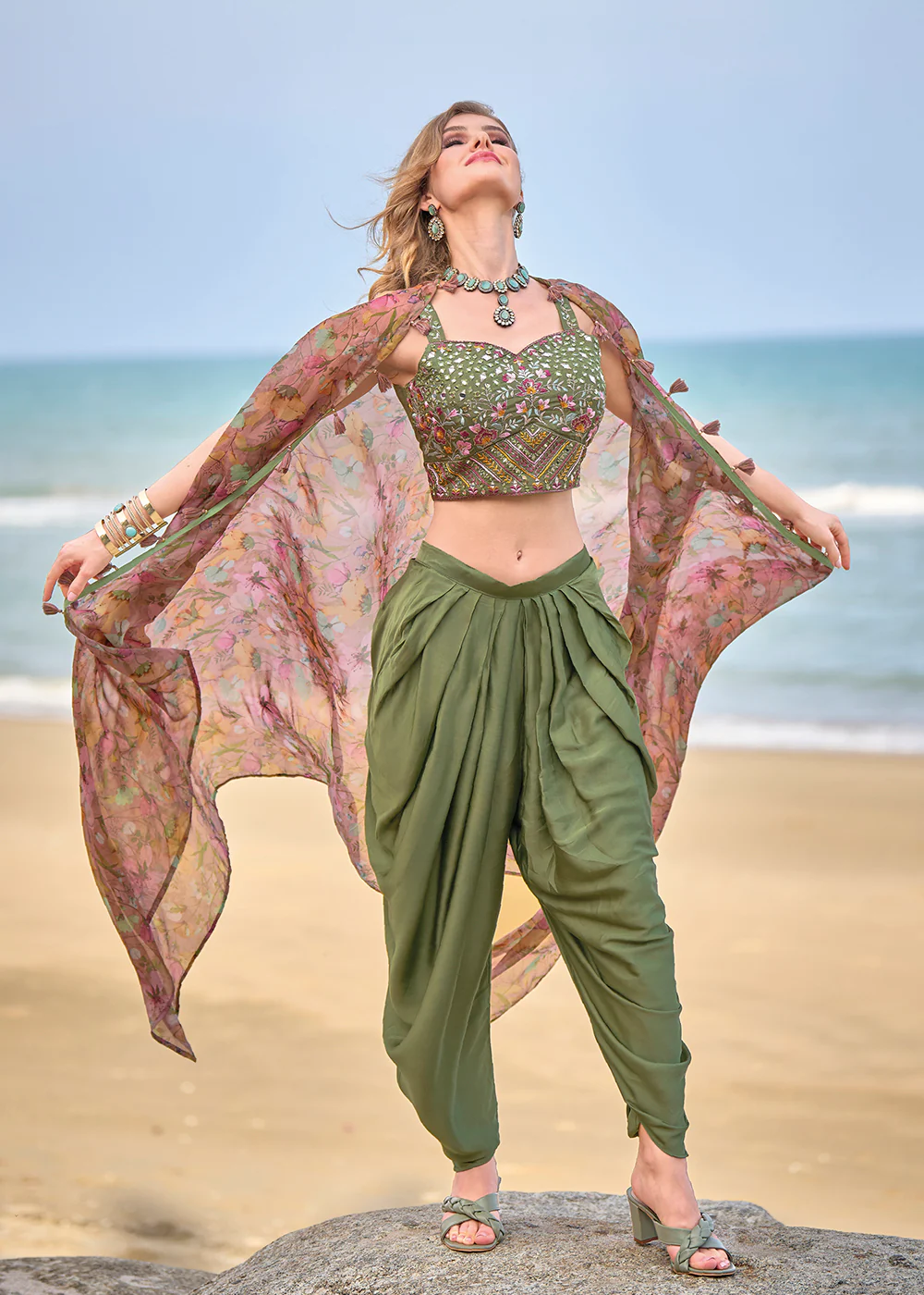 Green Satin Silk Embroidered Dhoti Style Crop Top Suit - Image 3