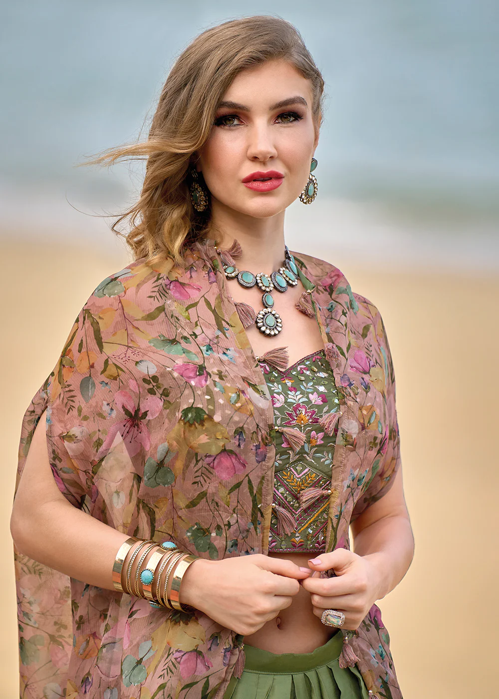 Green Satin Silk Embroidered Dhoti Style Crop Top Suit - Image 4