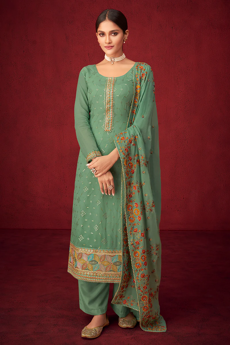 Green Sequins & Thread Embroidered Georgette Salwar Suit