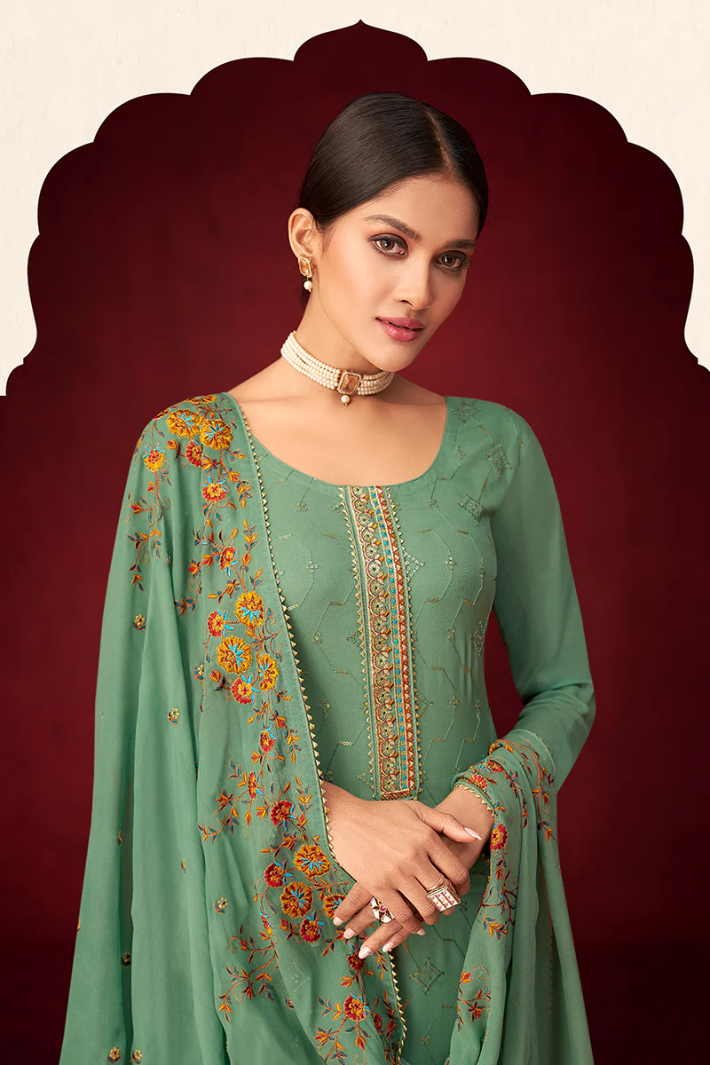 Green Sequins & Thread Embroidered Georgette Salwar Suit - Image 2