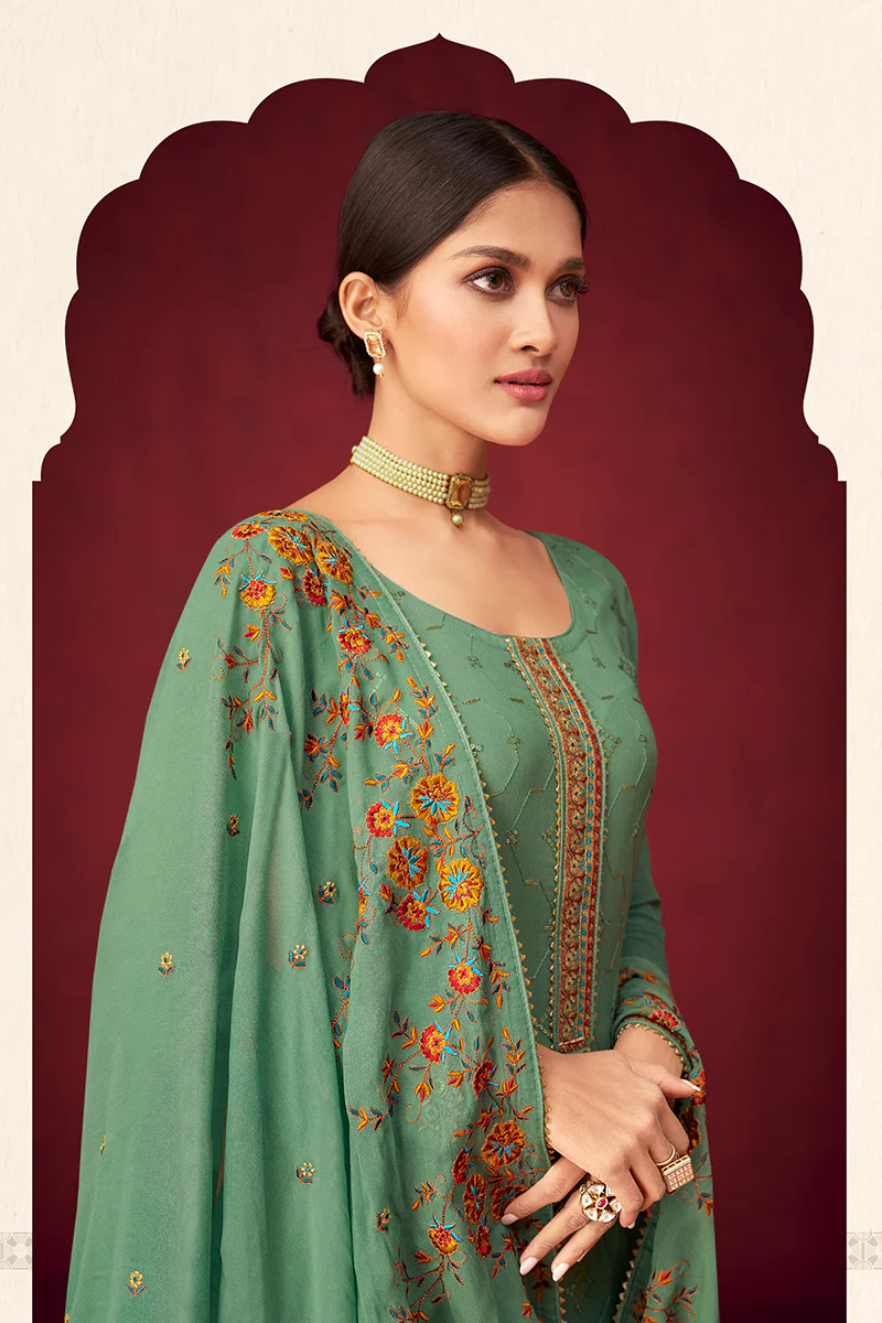 Green Sequins & Thread Embroidered Georgette Salwar Suit - Image 3