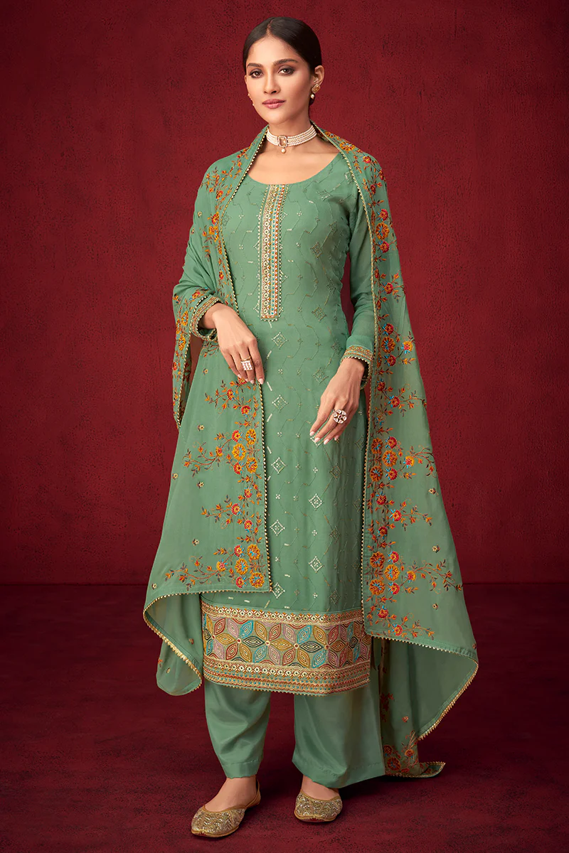 Green Sequins & Thread Embroidered Georgette Salwar Suit - Image 4