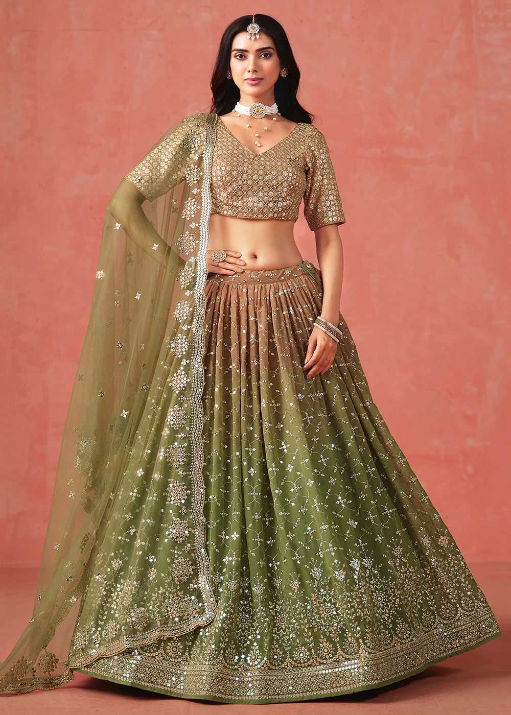 Green Sequins & Zari Embroidered Wedding Lehenga Choli