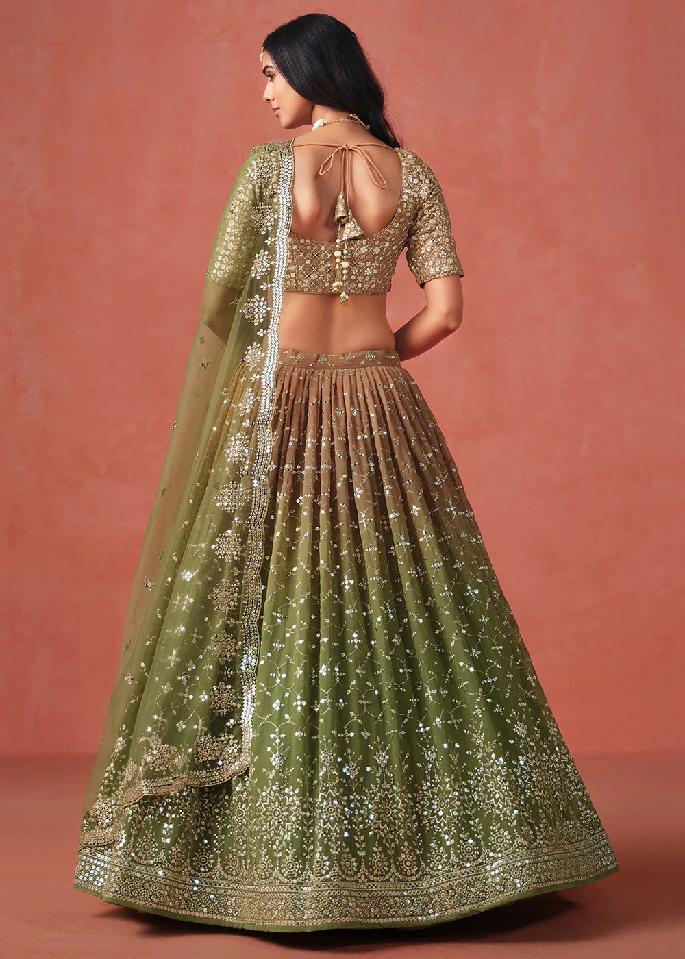 Green Sequins & Zari Embroidered Wedding Lehenga Choli - Image 3