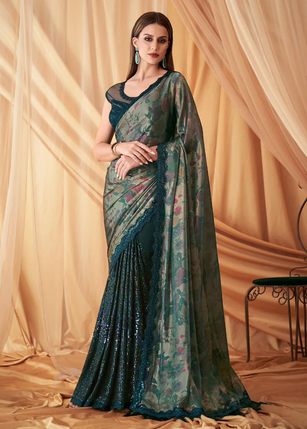 Green Shimmer Georgette Silk Embroidered Festive Party Saree
