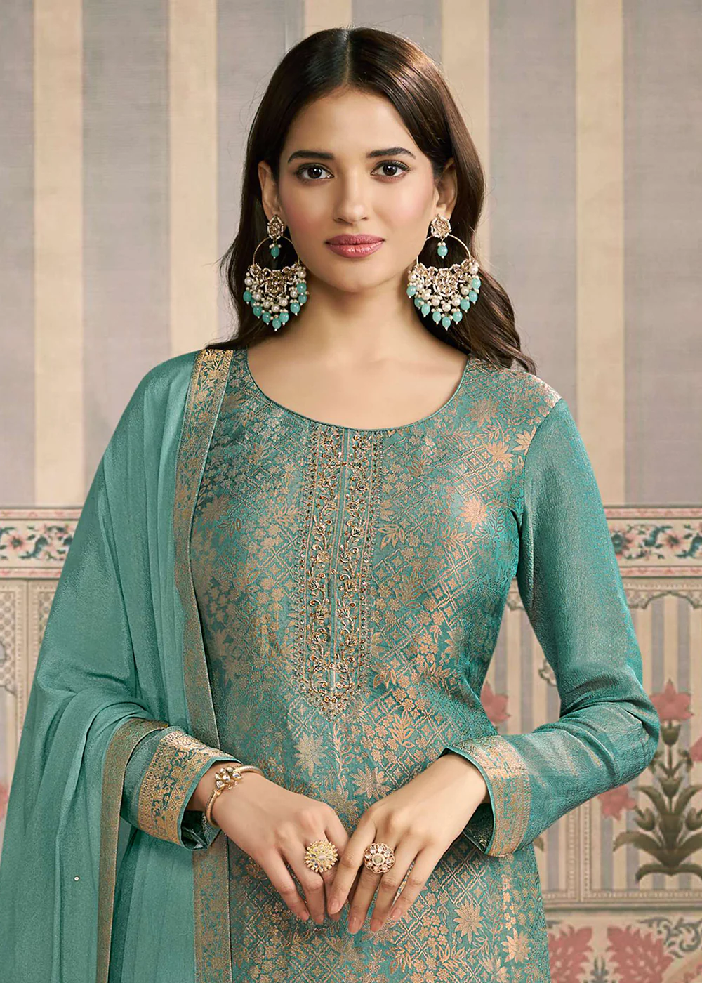 Green Shimmer Jacquard Hand Work Salwar Suit - Image 2