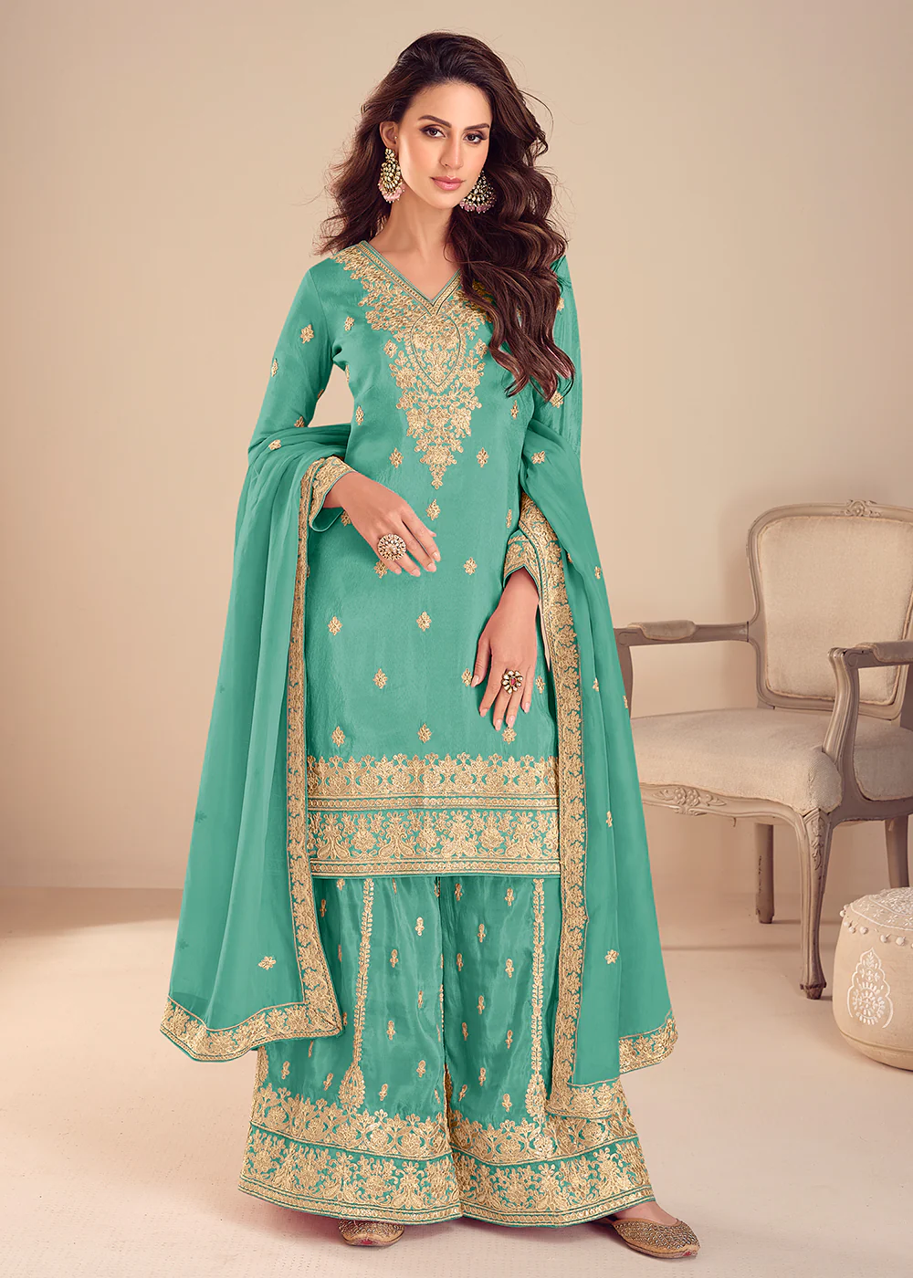 Green Shimmer Silk Embroidered Festive Palazzo Dress