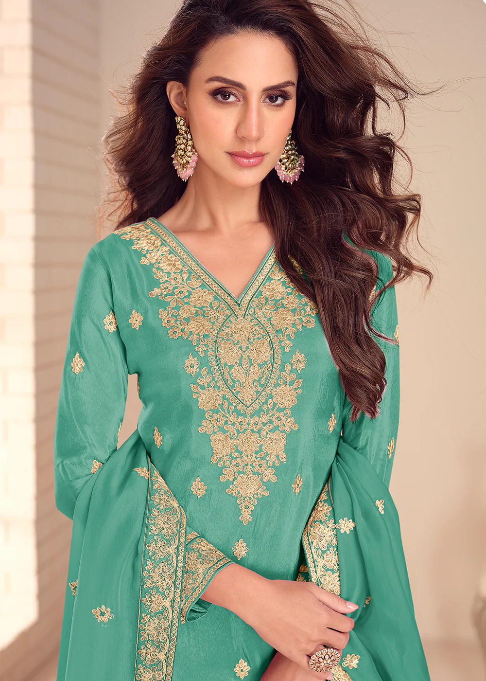Green Shimmer Silk Embroidered Festive Palazzo Dress - Image 2