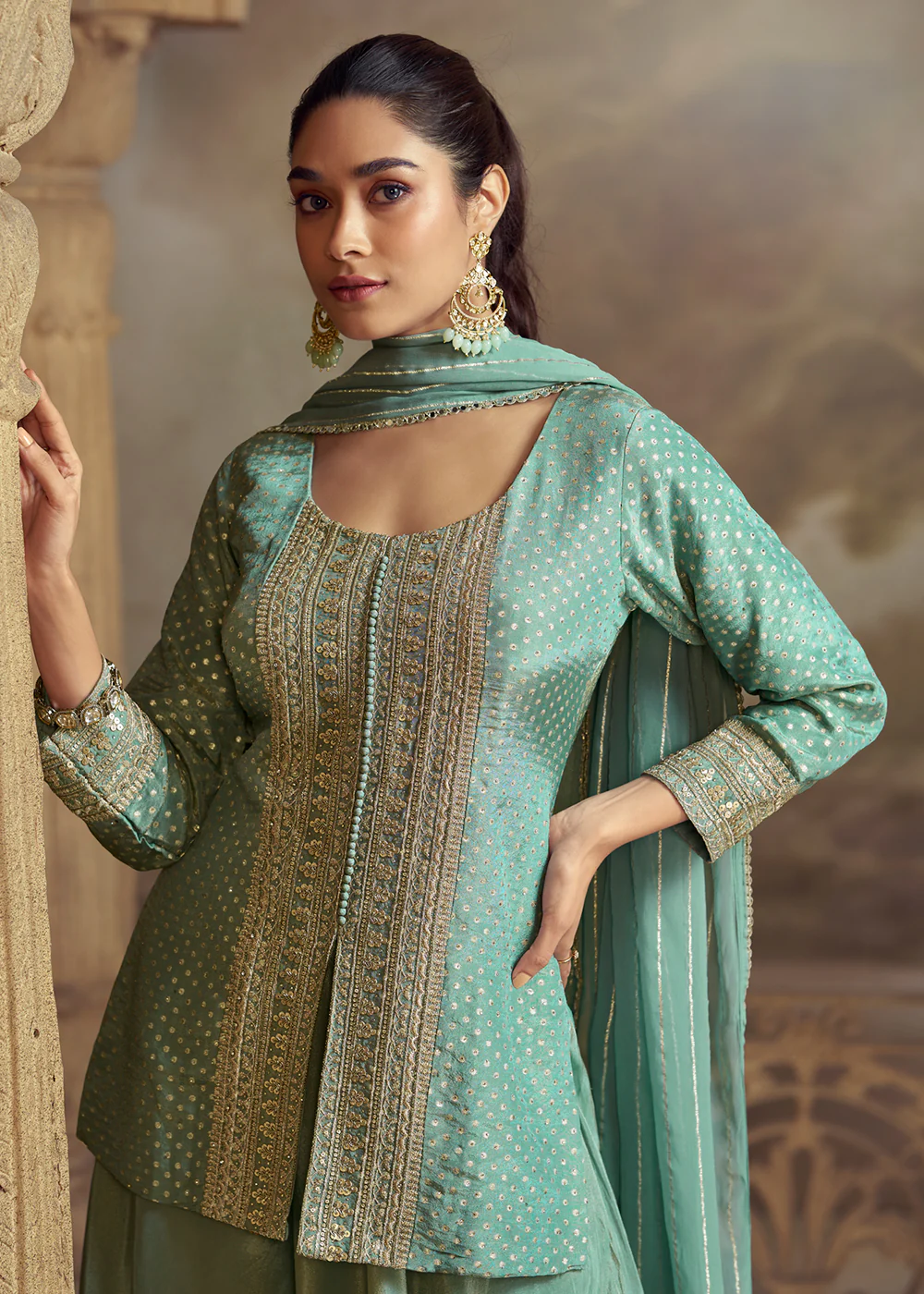 Green Short Shirt Style Wedding Festive Palazzo Suit - Image 2